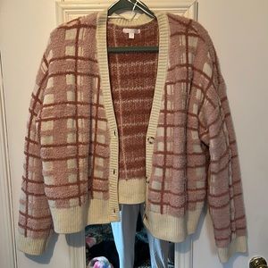 Lauren Conrad pink plaid fluffy cardigan